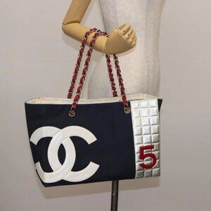 CHANEL Choco Bar Chain Tote Bag No5 Canvas Navy Silver CC Auth 147149